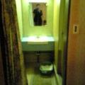 ホテルしらさわ／洗面所：カーテンをがらっと開けてみると、これもまた何の変哲も無いさびれた洗面所がありました。